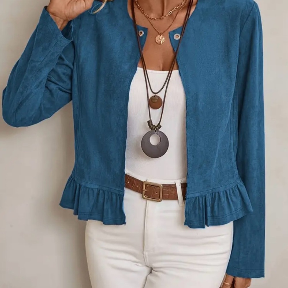 Blue Women's Jacket with Ruffle Hem
